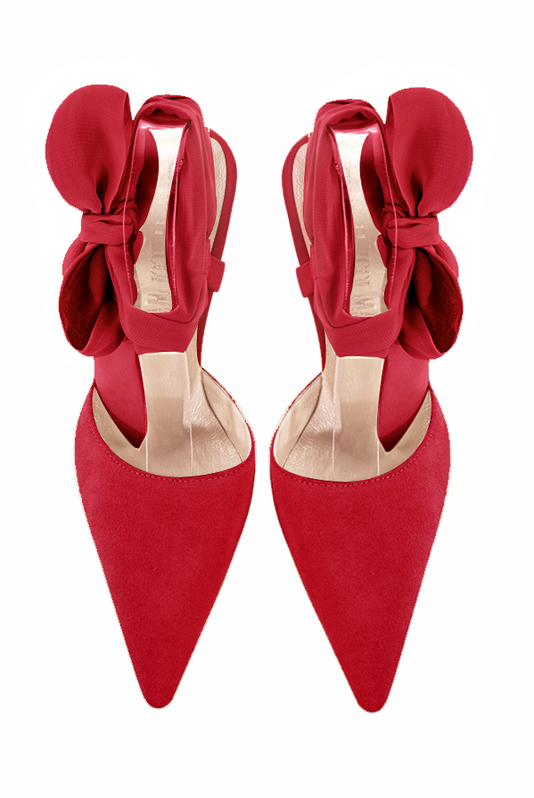 Cardinal red women's open back shoes, with an ankle scarf. Pointed toe. Very high slim heel. Top view - Florence KOOIJMAN